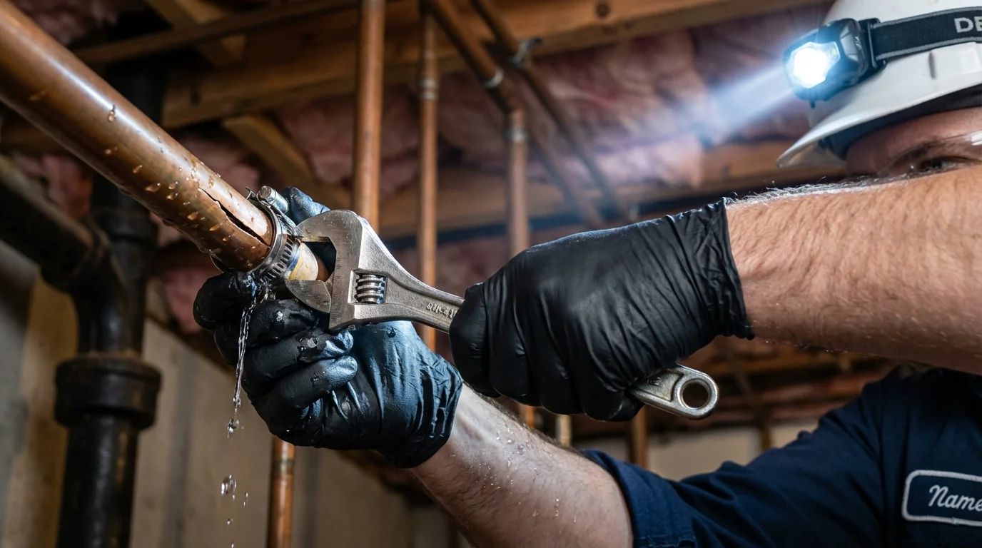 Emergency pipe clamp repair being performed by a Johns Plumbing LLC plumber in Apache Junction