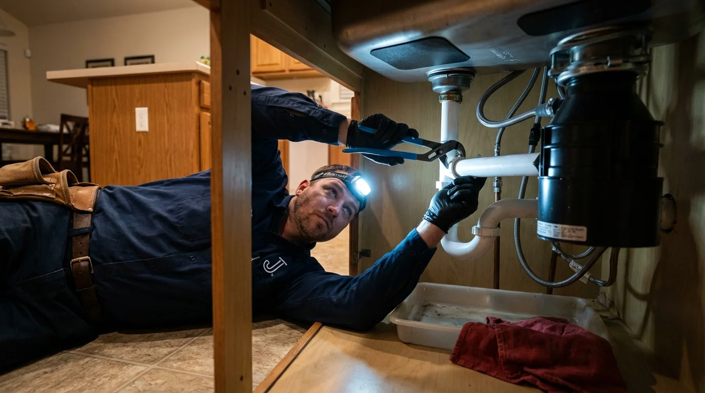 P-trap and supply line connections under a kitchen sink showing a common leak point in Apache Junction, AZ